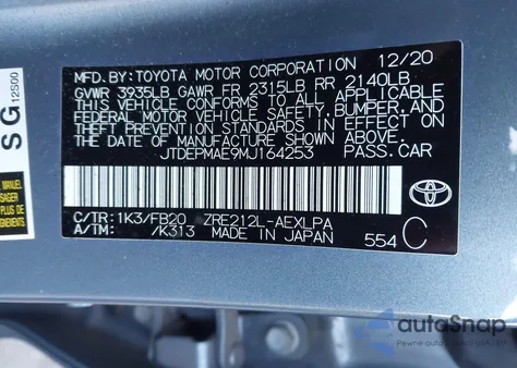 2021 Toyota Corolla Le from USA, damaged, VIN JTDEPMAE9MJ164253